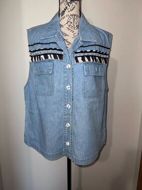 Vintage 90s Monique Fashions Denim Vest Zebra Print Rhinestone Studded L